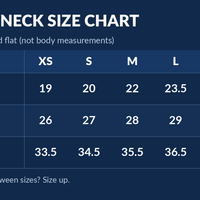 Stay You crewneck size chart, XS to 3XL, measurements in inches, garment laid flat